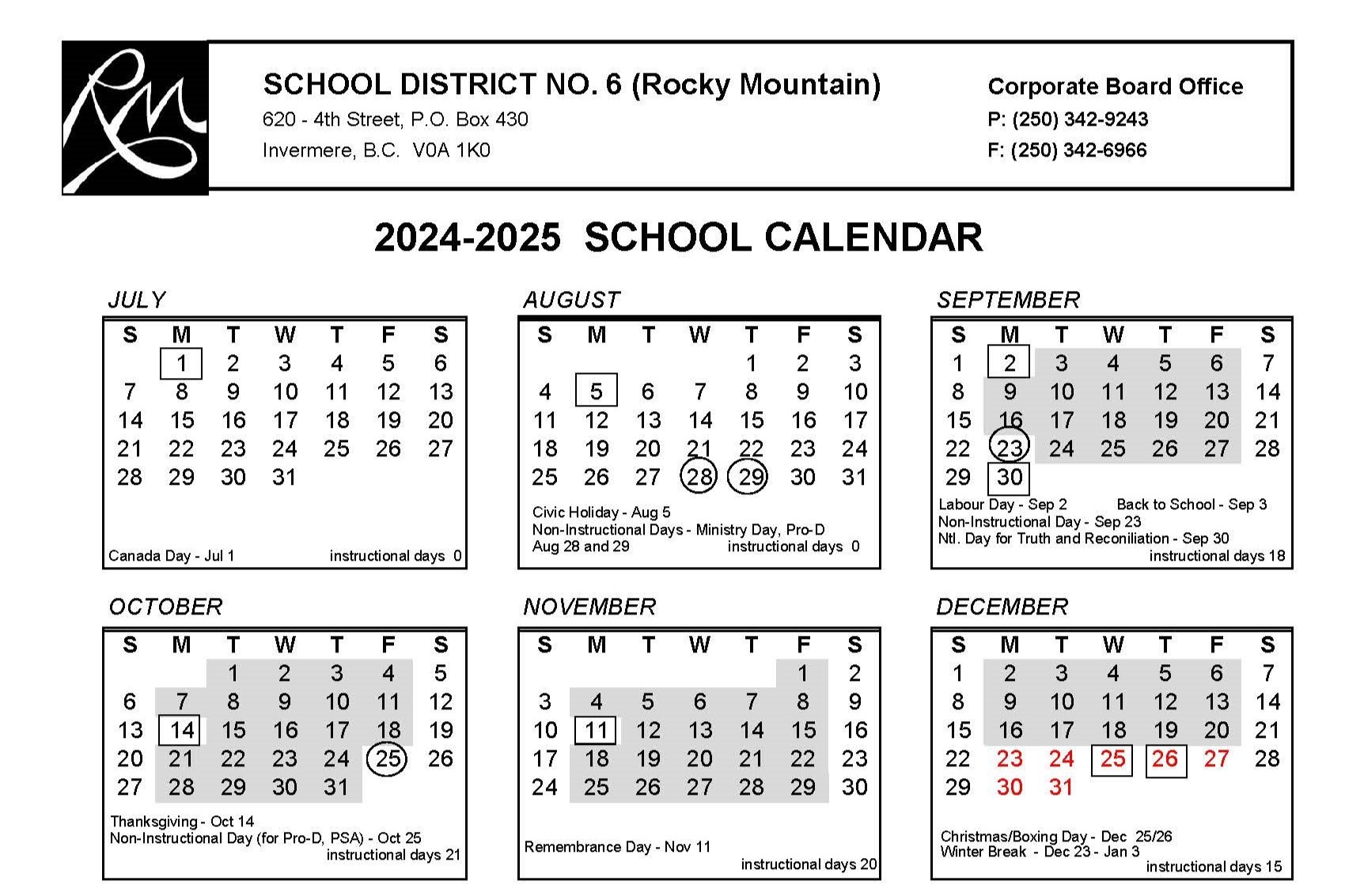 202425 School Calendar Approved Rocky Mountain School District No. 6