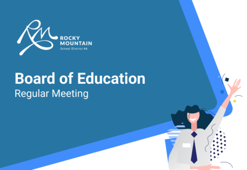 Logo in top right hand corner.  Below the logo is a caption, Board of Education Regular meeting.  Bottom right hand corner is a faceless image with right hand raised wearing a grey shirt and blue tie.