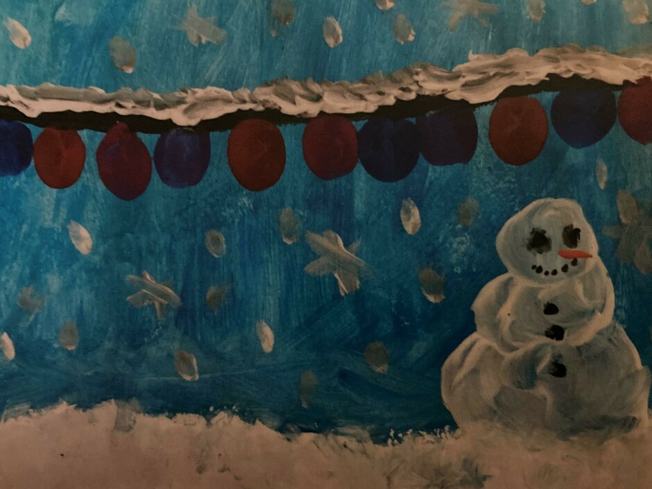 a dark blue background with snowflakes. A snowman in the bottom right corner and a string of blue and red Christmas lights