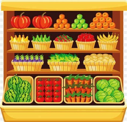 carton image of a wooden shelf filled with fresh produce including watermelon, tomatoes, carrots, pumpkins, oranges and apples