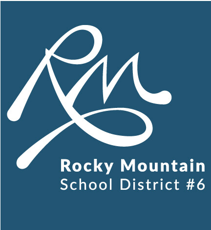 A cursive capital R and M form the Rocky Mountain School District logo. The letters flow like a mountains and a river. The words Rocky Mountain School District Number 6 are below the logo.